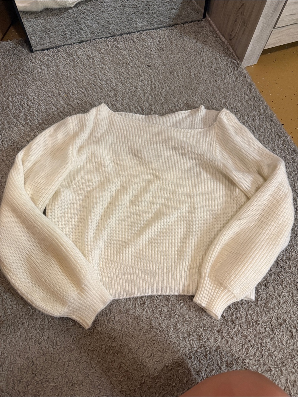 Women's Cream Knit Sweater - Classic Crewneck- off shoulder cropped